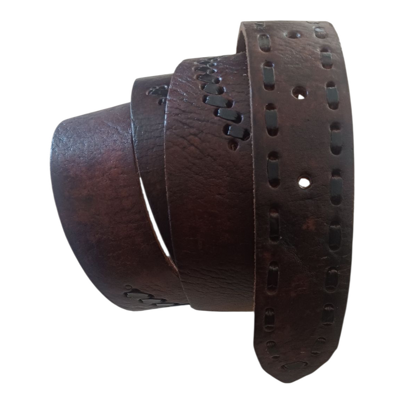 Hand tooled embossed dark brown leather belt for men