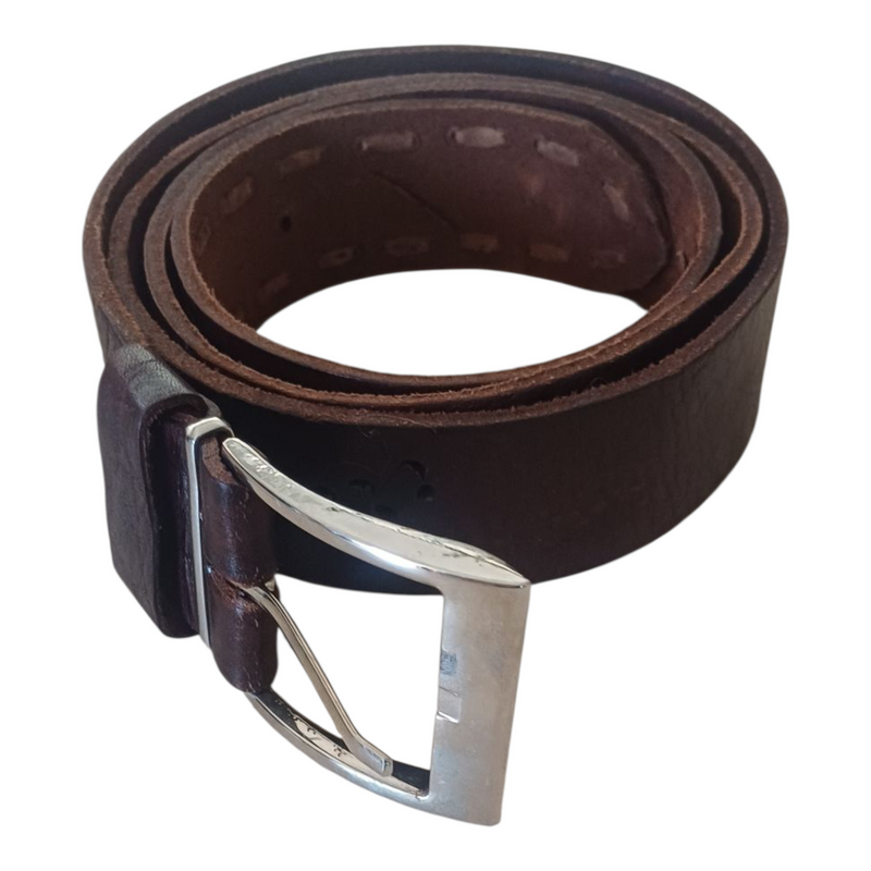 Hand tooled embossed dark brown leather belt for men