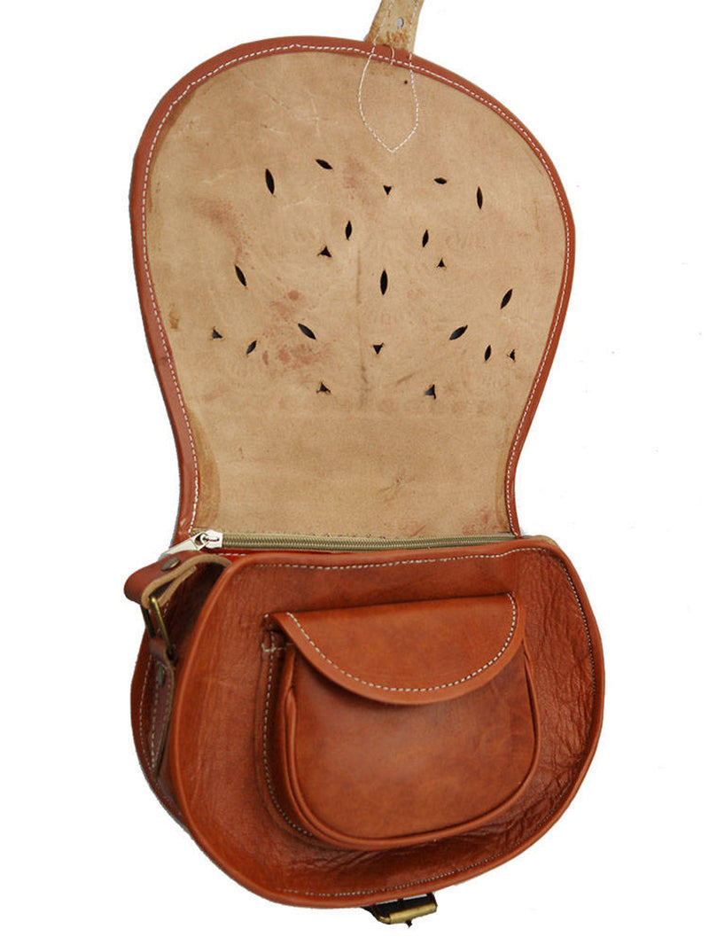 Handmade Real Leather Saddle Handbag Vintage Style Cutwork in Tan