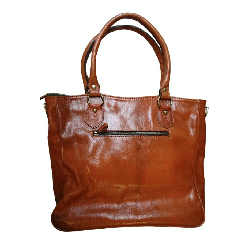Premium Leather Buckle Front Tote - Tan