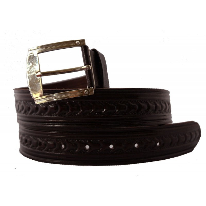 Hand tooled embossed dark brown leather belt for men